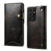 Load image into Gallery viewer, Genuine Cowhide Leather Button Flip Phone Case For Samsung Galaxy S21 Ultra 5G - Casekis