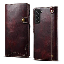 Load image into Gallery viewer, Genuine Cowhide Leather Button Flip Phone Case For Samsung Galaxy S21 Plus 5G - Casekis