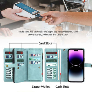 Casekis Zipper 11 Card Slots Wallet Phone Case Blue