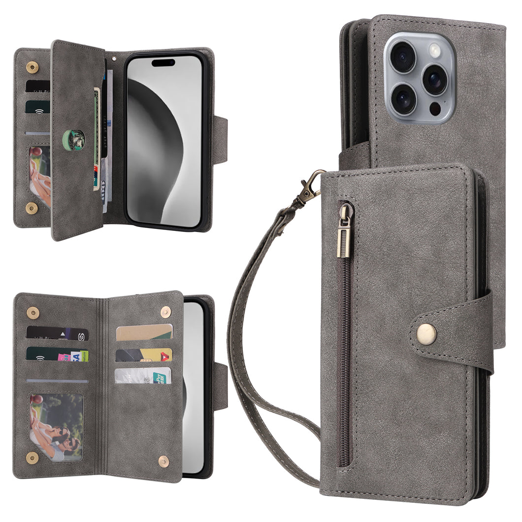 Casekis Studded Zip Leather Wallet Wristlet Phone Case Gray