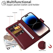 Muat gambar ke penampil Galeri, Casekis Cardholder Case with Wrist Strap,Compatible with MagSafe,Zipper Pocket,Red Wine
