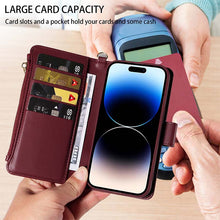 Cargar imagen en el visor de la galería, Casekis Cardholder Case with Wrist Strap,Compatible with MagSafe,Zipper Pocket,Red Wine
