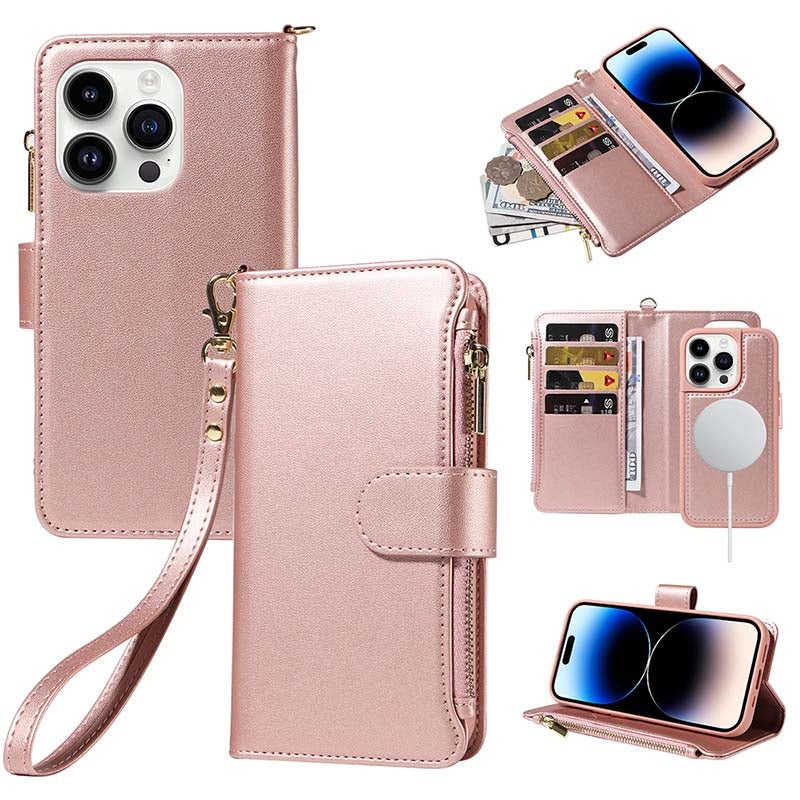 Casekis Cardholder Case with Wrist Strap,Compatible with MagSafe,Zipper Pocket,Rose Gold