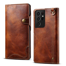 Lade das Bild in den Galerie-Viewer, Genuine Cowhide Leather Button Flip Phone Case For Samsung Galaxy S21 Ultra 5G - Casekis
