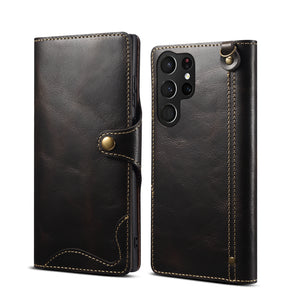 Casekis Genuine Cowhide Leather Button Flip Phone Case For Galaxy S22 Ultra 5G