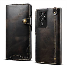 Load image into Gallery viewer, Genuine Cowhide Leather Button Flip Phone Case For Samsung Galaxy S21 Ultra 5G - Casekis
