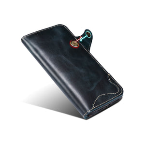 Casekis Genuine Cowhide Leather Button Flip Phone Case Blue