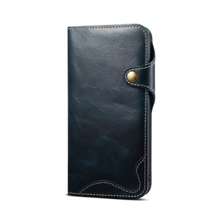 Casekis Genuine Cowhide Leather Button Flip Phone Case Blue