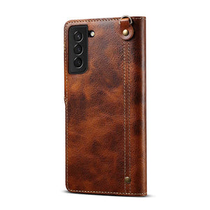 Genuine Cowhide Leather Button Flip Phone Case For Samsung Galaxy S21 Plus 5G - Casekis