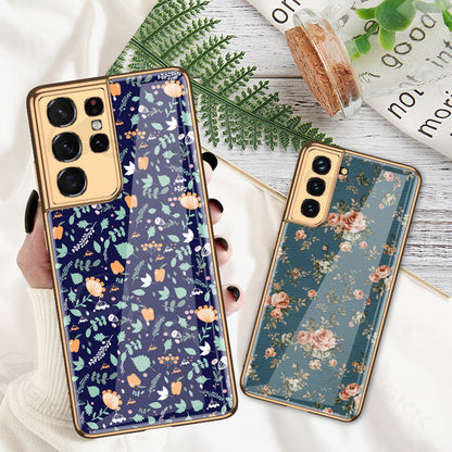Romantic Flowers Tempered Glass Plating Edge Phone Case for Galaxy S21 Series