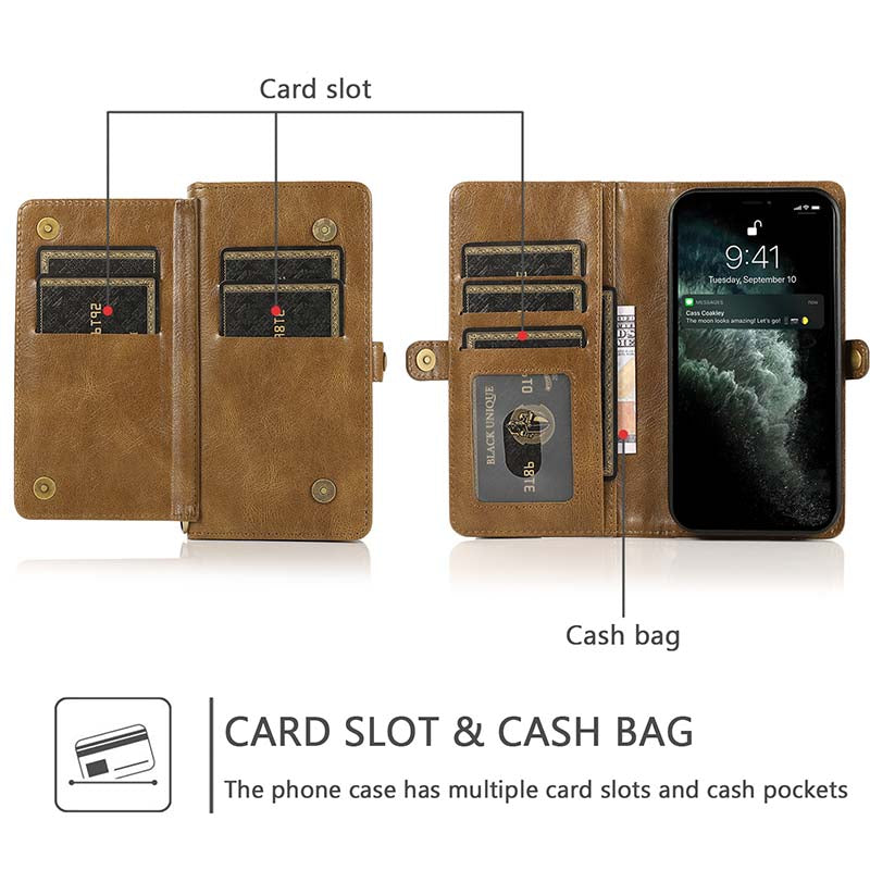 Casekis Magnetic Detachable 9 Cards Leather Phone Case Brown