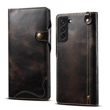 Load image into Gallery viewer, Genuine Cowhide Leather Button Flip Phone Case For Samsung Galaxy S21 Plus 5G - Casekis
