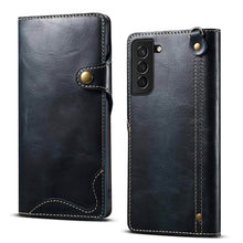 Load image into Gallery viewer, Genuine Cowhide Leather Button Flip Phone Case For Samsung Galaxy S21 Plus 5G - Casekis
