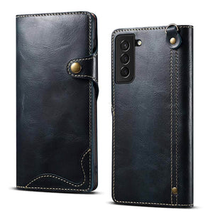 Genuine Cowhide Leather Button Flip Phone Case For Samsung Galaxy S21 Plus 5G - Casekis