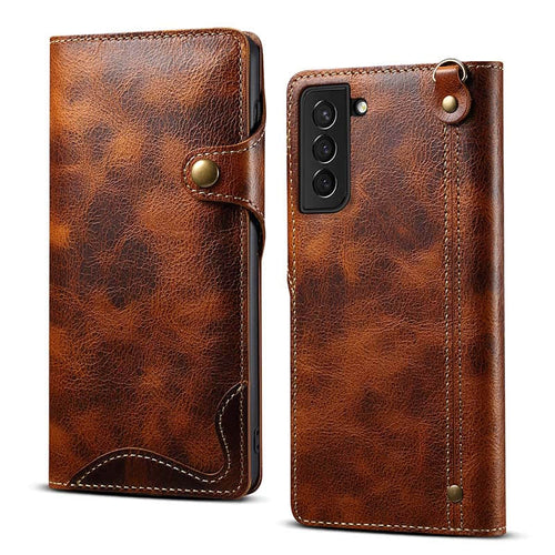 Genuine Cowhide Leather Button Flip Phone Case For Samsung Galaxy S21 Plus 5G - Casekis