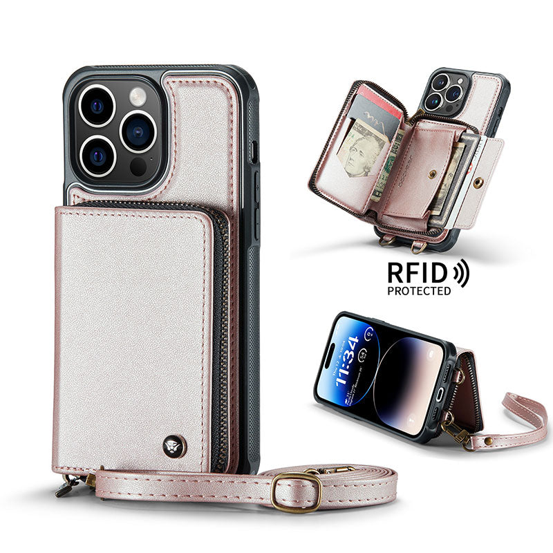 Casekis Zipper Crossbody Wallet RFID Phone Case Rose Gold